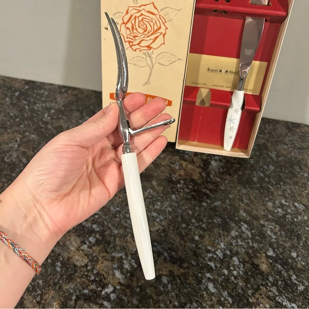 MID CENTURY MODE DANISH Regent SHEFFIELD FORK KNIFE CARVING SET 2 PC Starburst